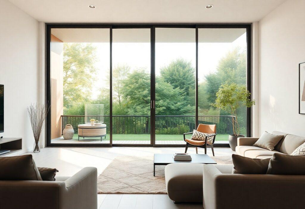 Salon moderne avec vue sur jardin verdoyant.