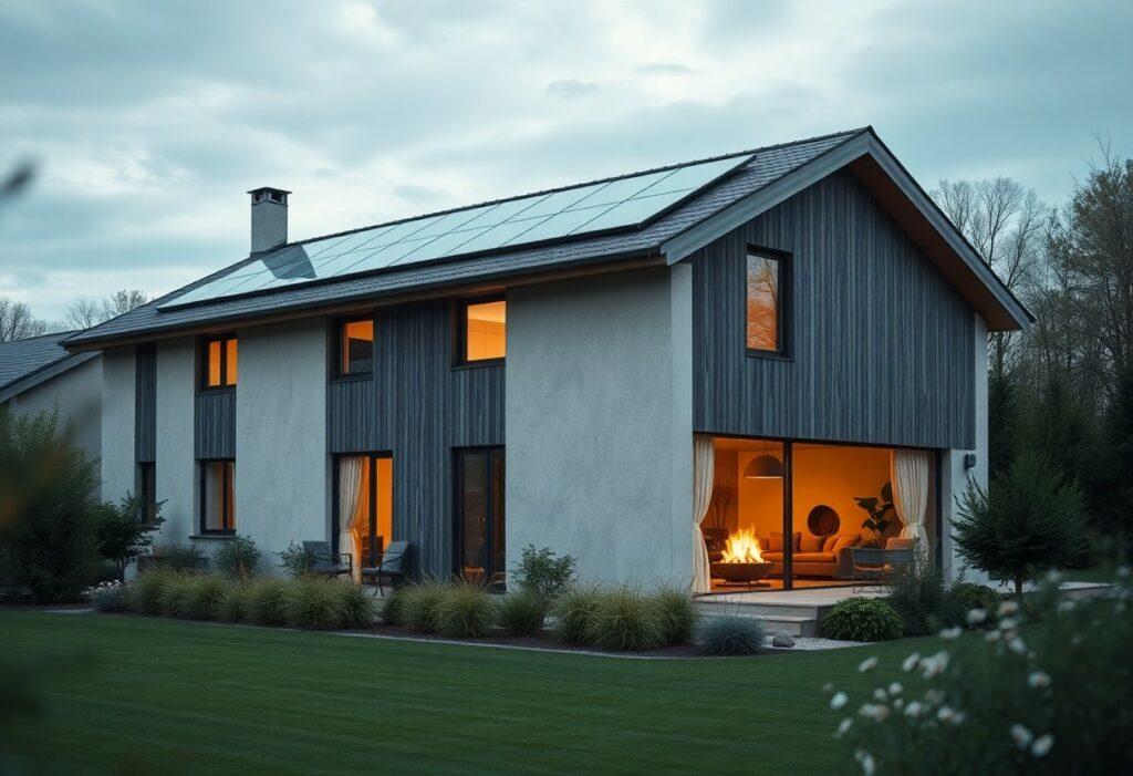 Maison moderne avec panneaux solaires au crépuscule.