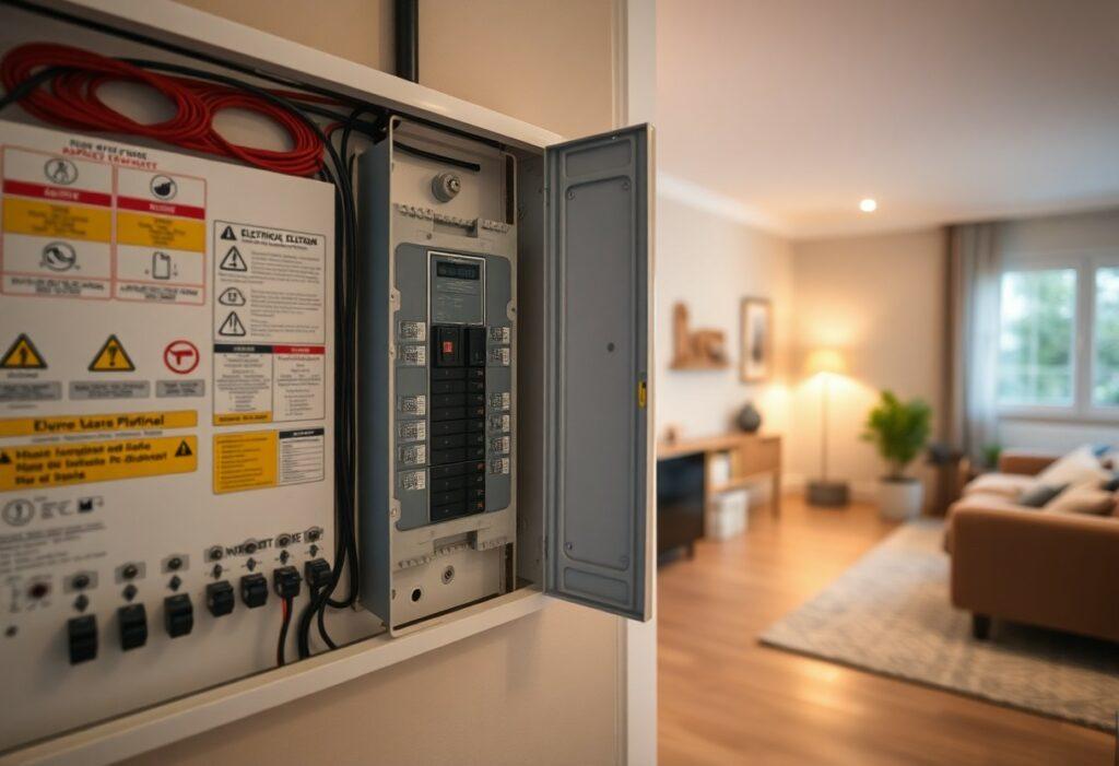 Panneau électrique ouvert dans un salon moderne.