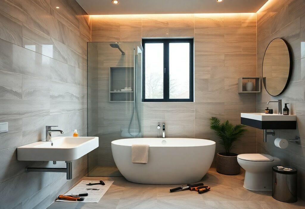 Salle de bain moderne avec baignoire et outils.