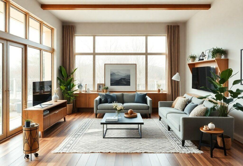 Salon lumineux avec meubles modernes et grandes fenêtres.