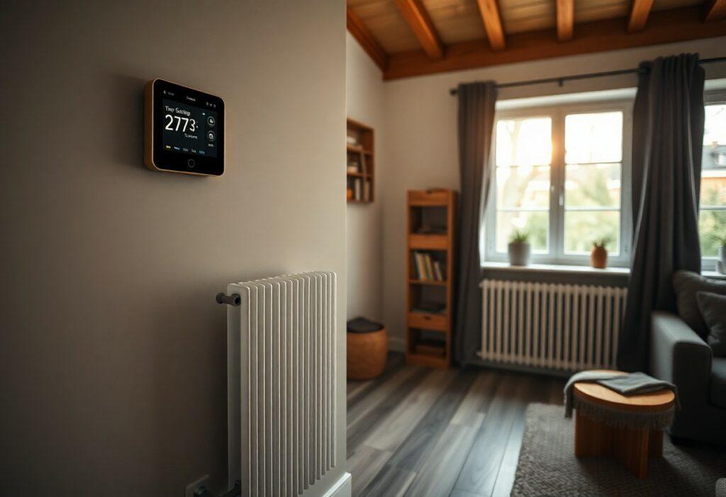Salon avec thermostat mural et radiateurs modernes.