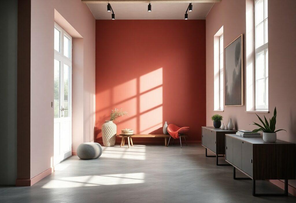 Salon moderne avec lumière naturelle et mobilier élégant.