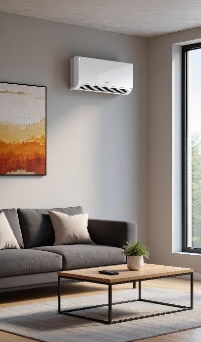 Salon moderne avec air conditionné mural.