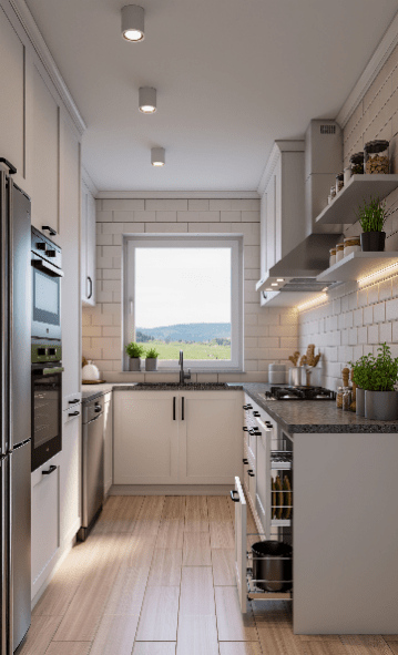 Cuisine moderne avec étagères et appareils encastrés.